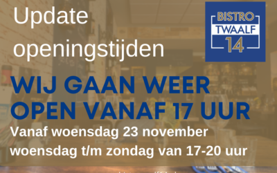 Update openingstijden vanaf woensdag 23 november